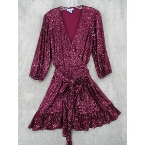 Draper James Dress Medium Sequin Mini Wrap Ruffle Hem Party Glam Belted Maroon